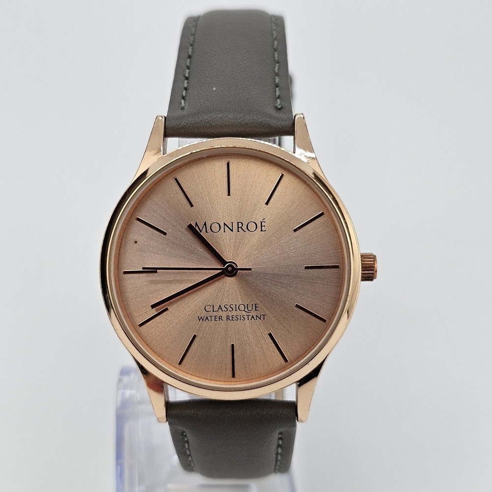 Monroe by Maestro Women Watch 36MM Gold Dial Gray Leather Band Straps NewBattery